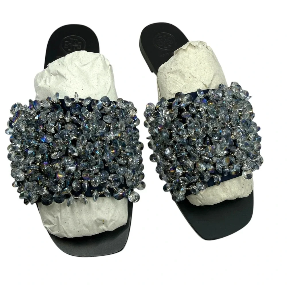 NEW Tory Burch Crystal Embellished Crystal Slide Sandals Navy Black Leather 6M